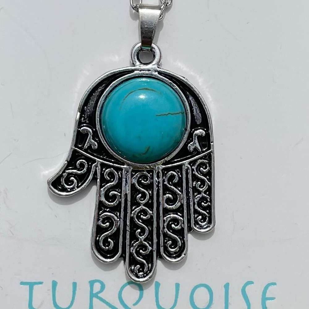NWT Find simulated turquoise, turquoise blue and silver Hamsa hand necklace